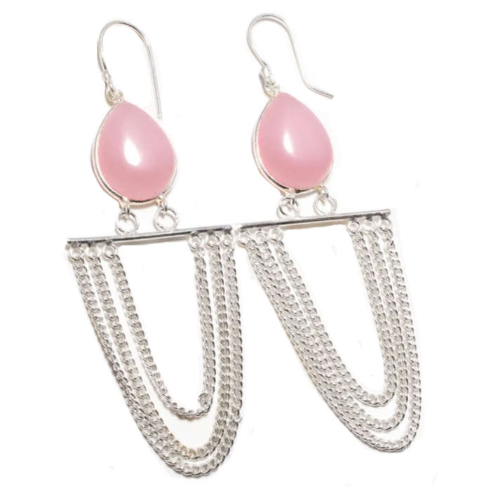 Pink Chalcedony .925 Sterling Silver Plated Handmade Long Trendy Earrings