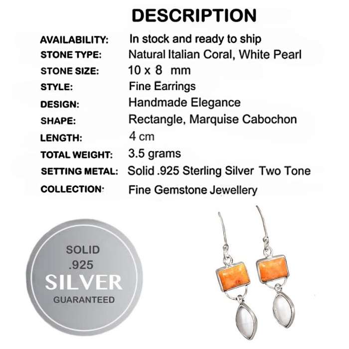 Natural Italian Coral, White Pearl set in Solid .925 Sterling Silver Elegant Earrings