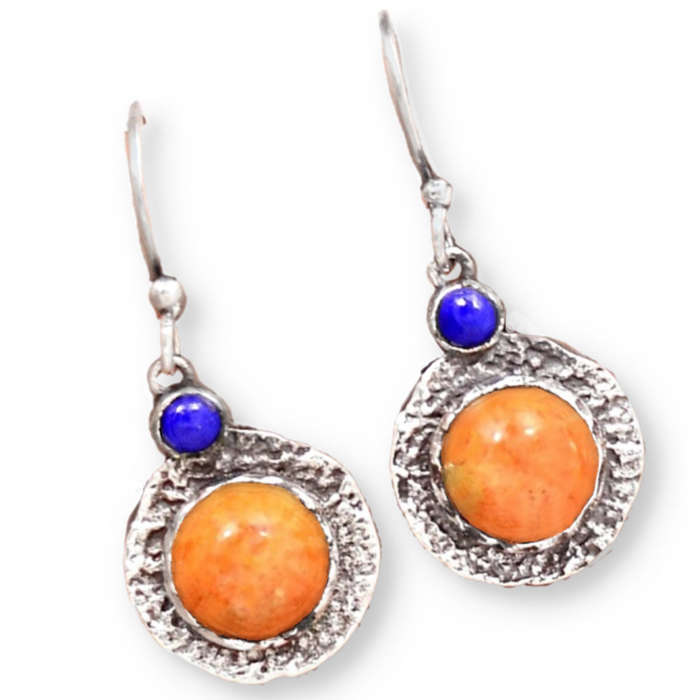 Israeli Set - Natural Italian Coral, Lapis Lazuli set in Solid .925 Sterling Silver Earrings