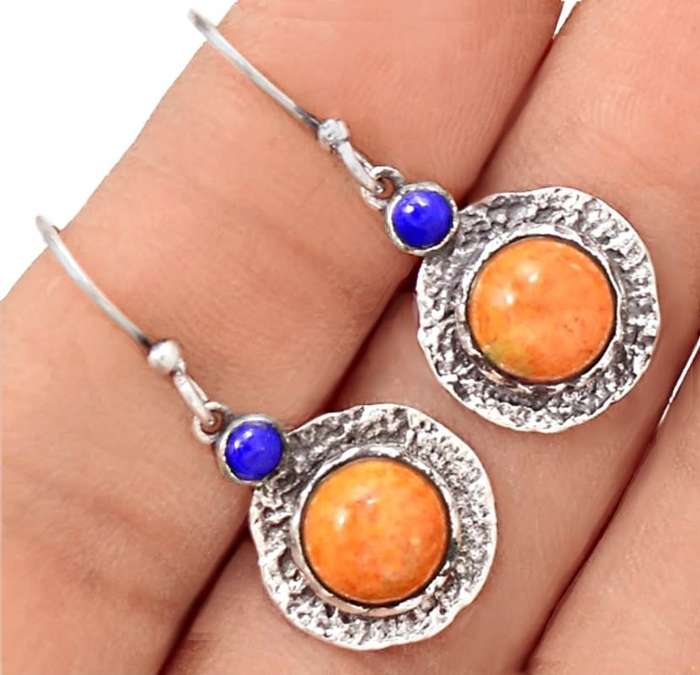 Israeli Set - Natural Italian Coral, Lapis Lazuli set in Solid .925 Sterling Silver Earrings