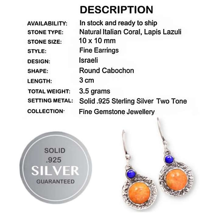 Israeli Set - Natural Italian Coral, Lapis Lazuli set in Solid .925 Sterling Silver Earrings