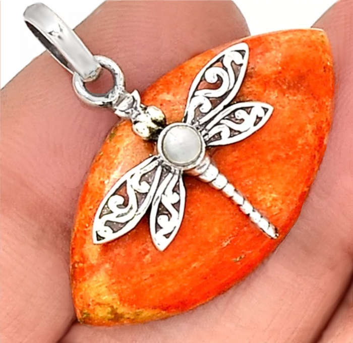 Natural Marquise Cut Coral, Pearl set in Solid .925 Sterling Silver Dainty Dragonfly Detail Pendant