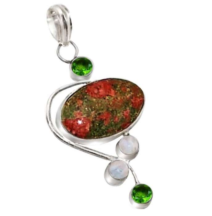 Natural Unakite, Rainbow Moonstone, Peridot  Gemstone Set in .925 S/Silver Plated Handmade Pendant