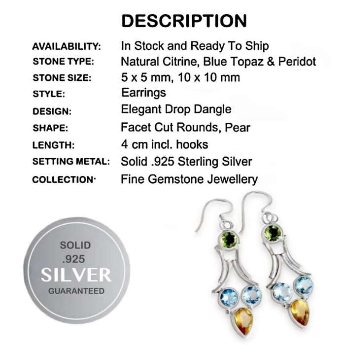 Natural Blue Topaz Peridot and Citrine set in  Solid .925 Sterling Silver Earrings