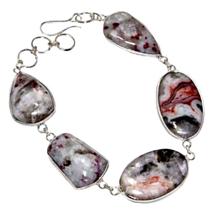 Natural Crazy Lace Agate and Pink Tourmaline Gemstone set in .925 Sterling Silver Plated Bracelet