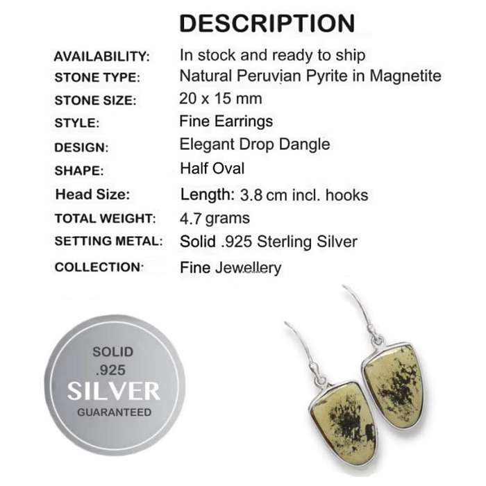 Natural Peruvian Pyrite in Magnetite Gemstone set in Solid .925 Sterling Silver Earrings