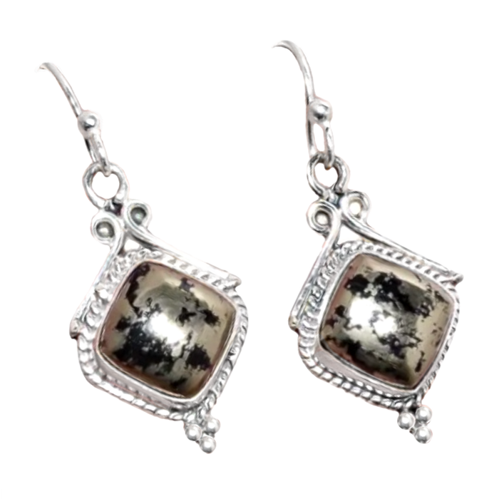 Natural Peruvian Pyrite in Magnetite Diamond Shape Gemstone in Solid .925 Sterling Silver Earrings