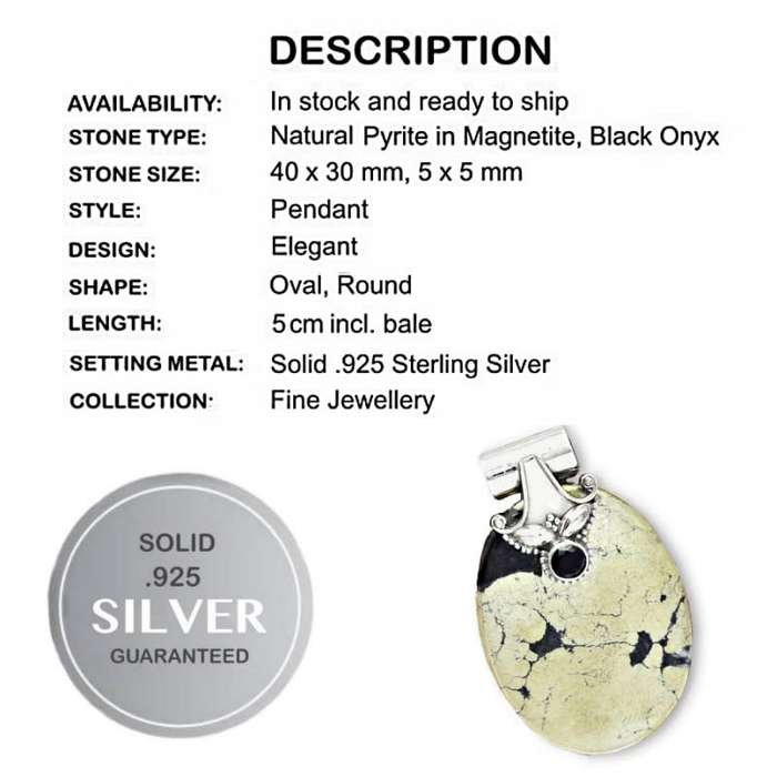 Natural Pyrite In Magnetite and Black Onyx  in Solid .925 Sterling Silver Pendant