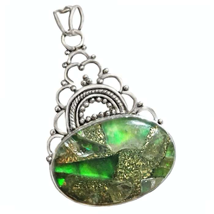 Indonesian Bali - Java Copper Green Turquoise Pendant in Solid 925  Sterling Silver