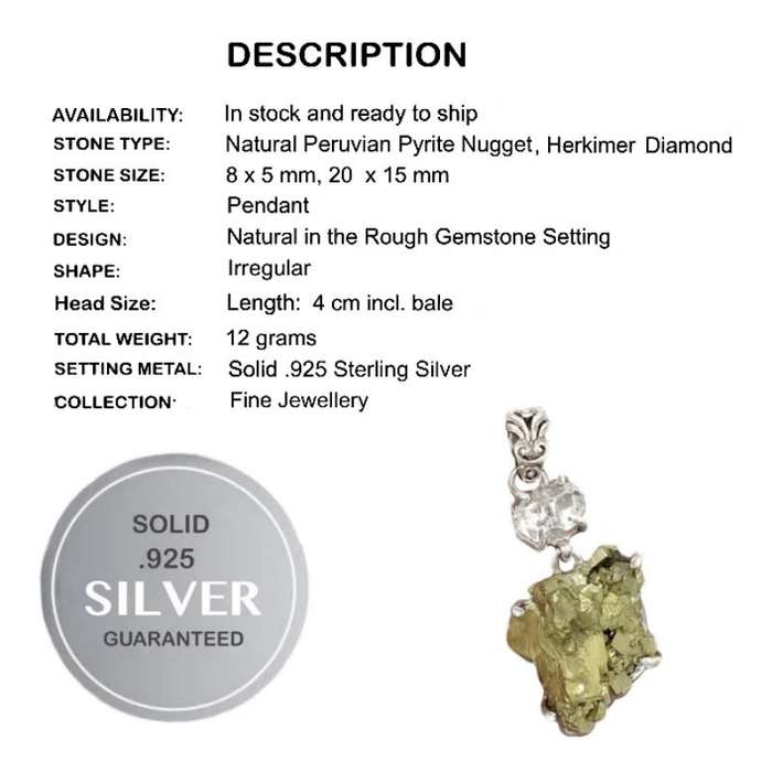 Natural Peruvian Pyrite Cluster and Herkimer Diamond set in Solid .925 Sterling Silver Pendant