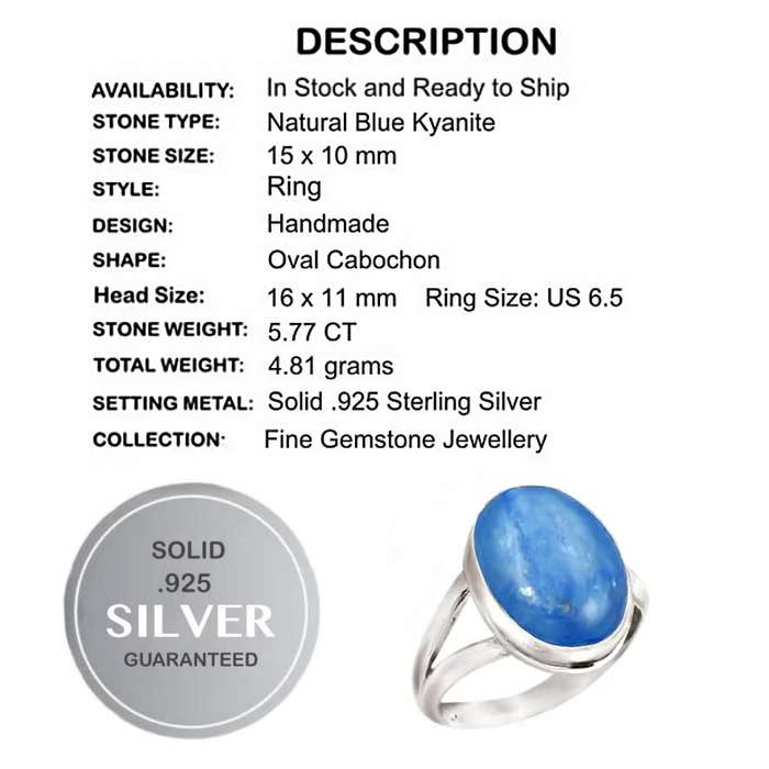 5.77 cts Natural Kyanite Oval Gemstone set in Solid .925 Sterling Silver Ring Size US 6.5 / N