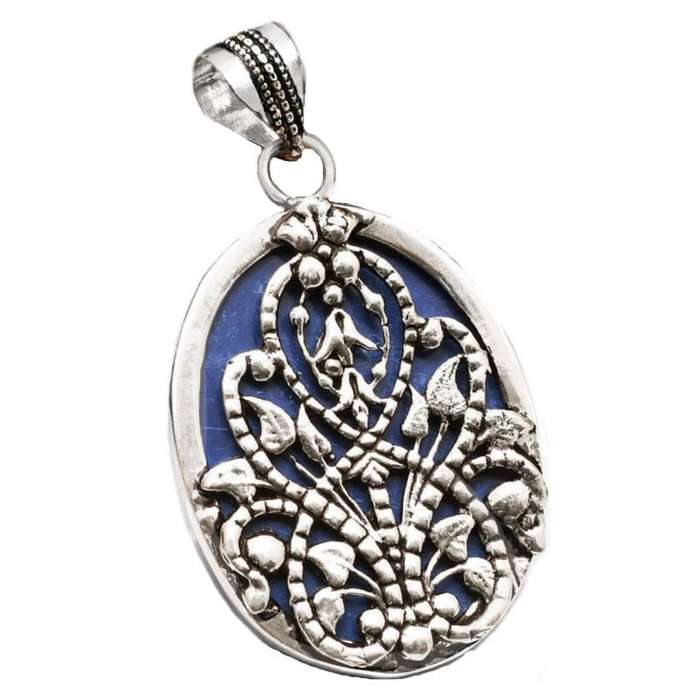 Ornate Leaf Oval Sapphire Blue Quartz Gemstone  925 Sterling Silver Plated Handmade Pendant