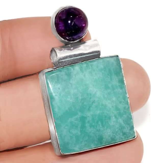 Natural Peruvian Amazonite and Purple Amethyst Gemstone in .925 Sterling Silver Plated Pendant