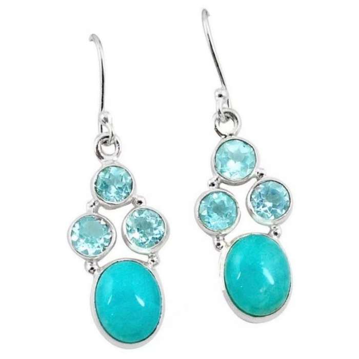 13.07 cts Rare Natural Caribbean Larimar, Blue Topaz Gemstone .925 Sterling Silver Earrings