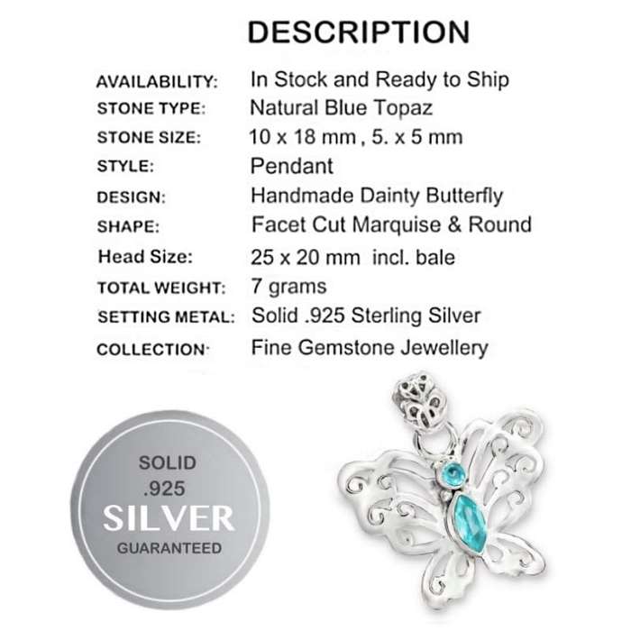 Dainty Natural Blue Topaz Solid 925 Sterling Silver Butterfly Pendant