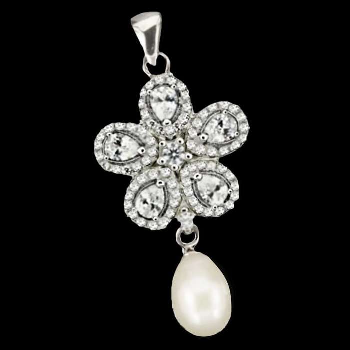 20.33 cts Natural White Pearl And AAA White CZ set in Solid .925  Sterling Silver 14K W/Gold Pendant