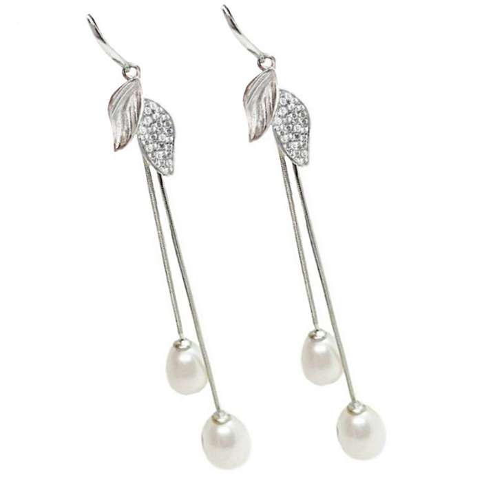 Creamy White Freshwater Pearl, White Cubic Zirc in Solid .925 Sterling Silver 14K W/Gold Earrings