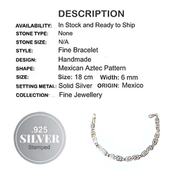 Handmade Mexican Aztec Design set in Solid .925 Silver Bracelet