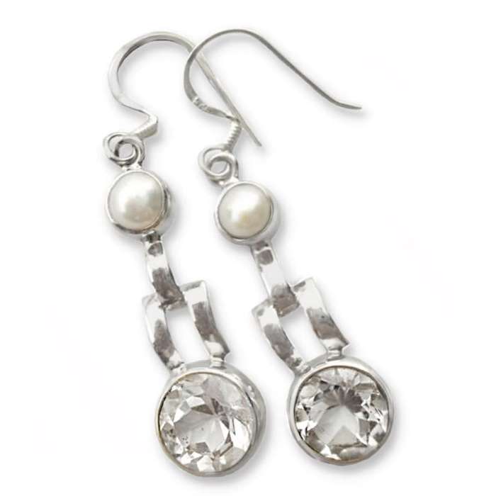 Natural White Topaz and White Pearl  set in Solid 925 Sterling Silver Earrings
