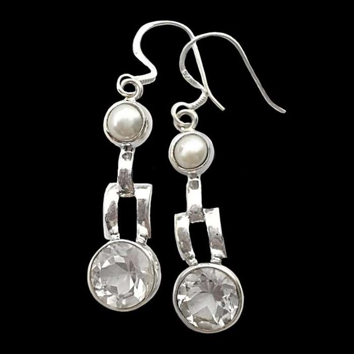 Natural White Topaz and White Pearl  set in Solid 925 Sterling Silver Earrings