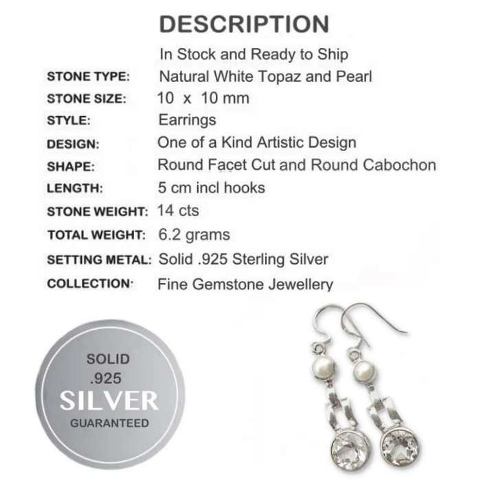 Natural White Topaz and White Pearl  set in Solid 925 Sterling Silver Earrings