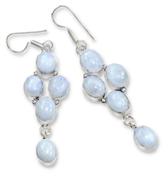 Exquisite Natural Rainbow Moonstone Ovals in 925 Sterling Silver Plated Long Dangle Earrings