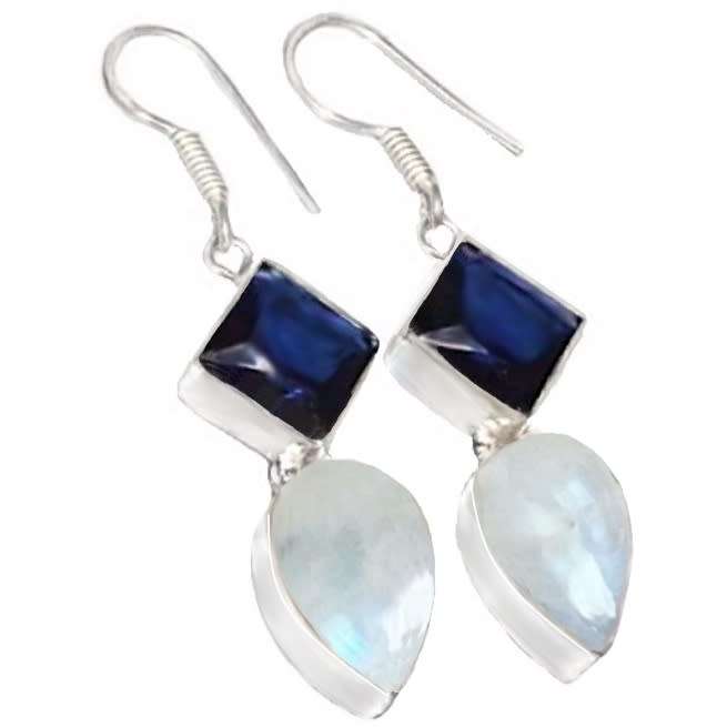 Natural Rainbow Moonstone, Sapphire Quartz .925 Sterling Silver Plated Handmade Earrings