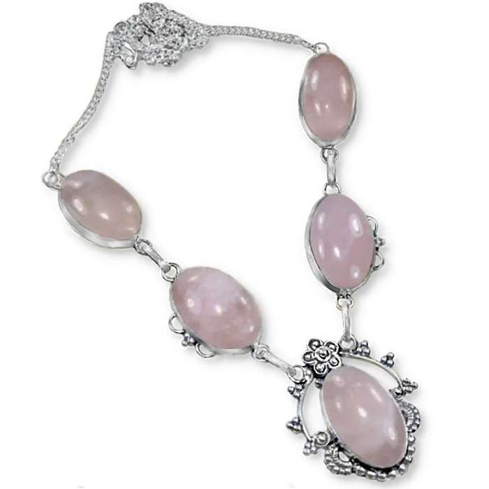 Natural Pink Rose Quartz set in in .925 Sterling Silver Plated  Handmade Antique Style Necklace