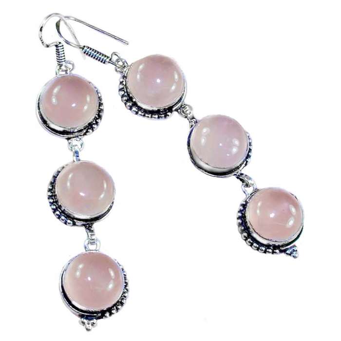 Natural Pink Rose Quartz Round Gemstones set in .925 Sterling Silver Drop Dangle Earrings