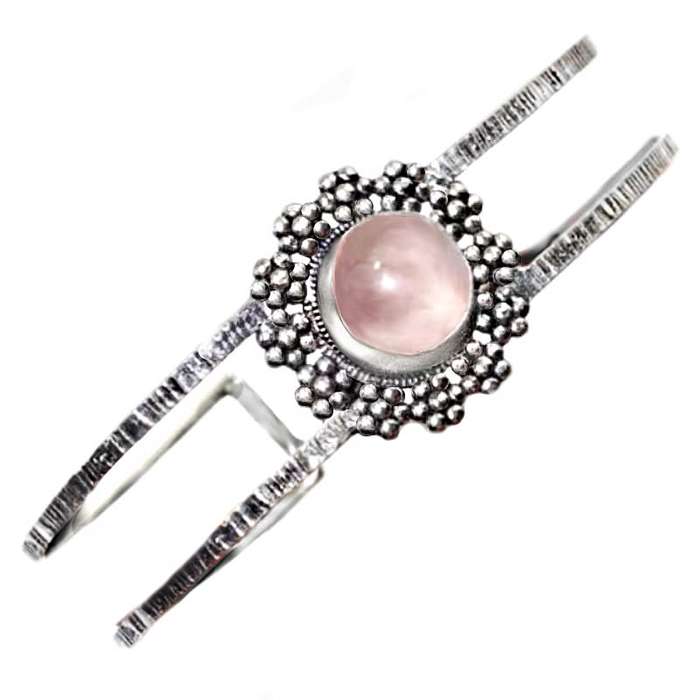 Natural Round Rose Quartz Gemstone .925 Sterling Silver Plated Handmade Antique Style Cuff Bangle