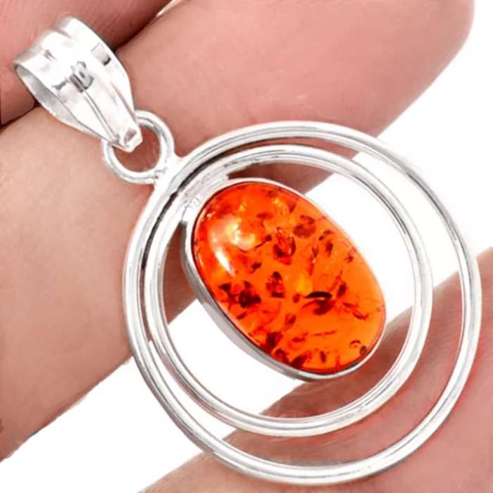 Handmade Modern Baltic Amber Oval set in Solid .925 Sterling Silver Pendant