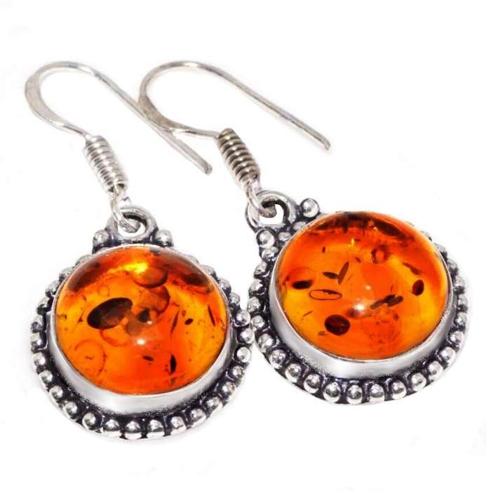 Dainty Round Pressed Amber set in Antique Style  .925 Sterling Silver Plated Handmade Pendant