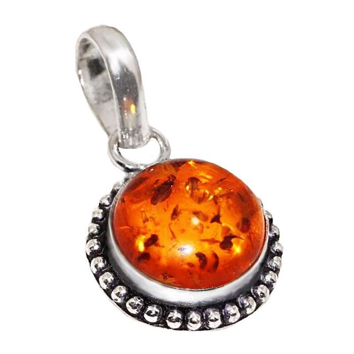 Dainty Round Pressed Amber set in Antique Style  .925 Sterling Silver Plated Handmade Pendant
