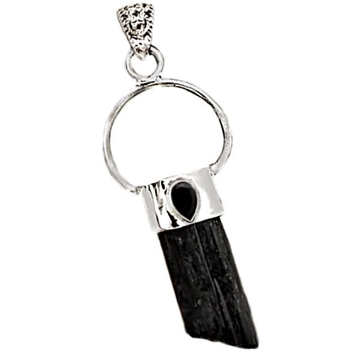 Natural Black Tourmaline Rough and Black Onyx Gemstone Solid .925 Sterling Silver Pendant