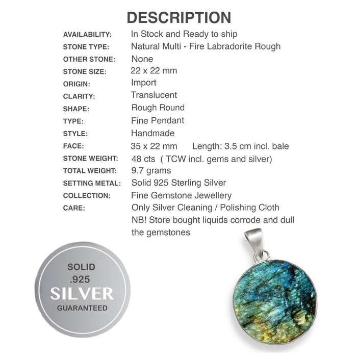 Natural Blue Fire Rough Labradorite Round Gemstone set in Solid .925 Sterling Silver Pendant