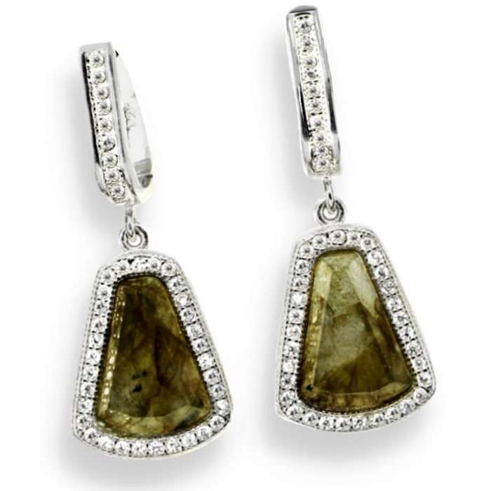 Deluxe Natural Unheated Labradorite AAA White CZ Solid .925 Silver 14K White Gold Ring Size US 9