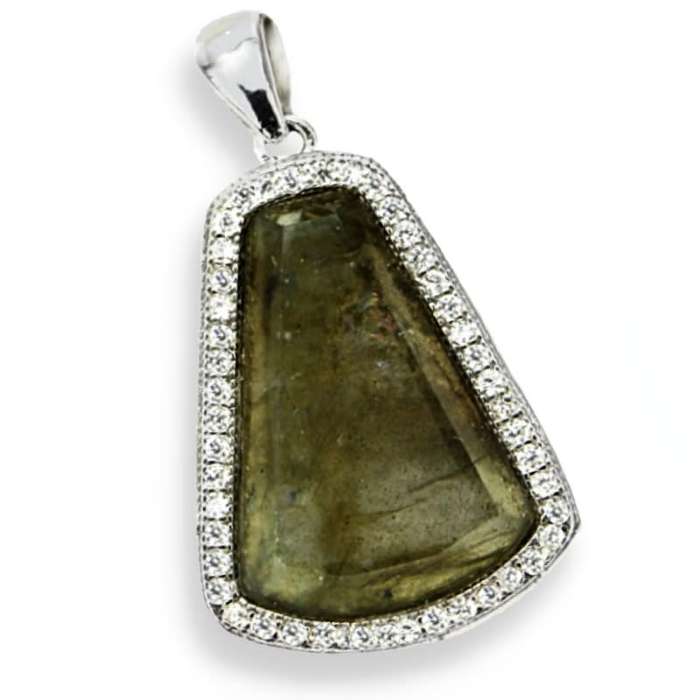 Deluxe Natural Unheated Labradorite AAA White CZ in Solid .925 Silver 14K White Gold Earrings