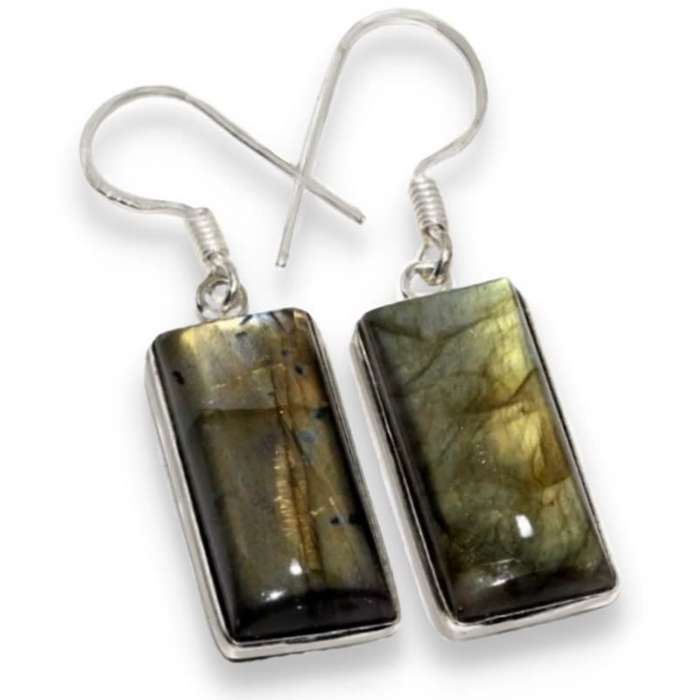 Natural Fiery Labradorite Rectangle Gemstone set in. 925 Sterling Silver Plated Handmade Earrings
