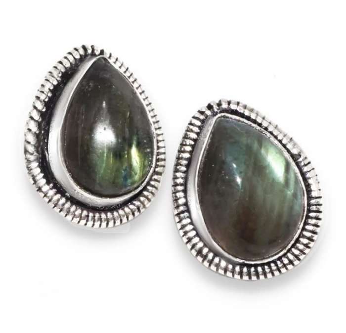 Natural Fiery Labradorite Pear Gemstone set in .925 Sterling Silver Plated Handmade Stud Earrings