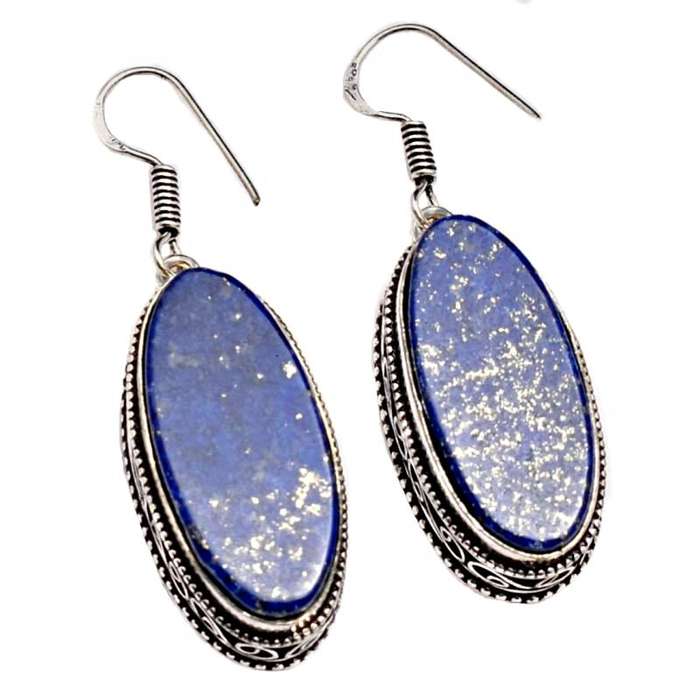 Handmade Natural Lapis Lazuli Oval Shape Gemstone .925 Sterling Silver Plated Earrings