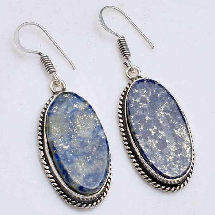 Natural Lapis Lazuli Oval Shape Gemstone .925 Sterling Silver Plated Handmade Earrings