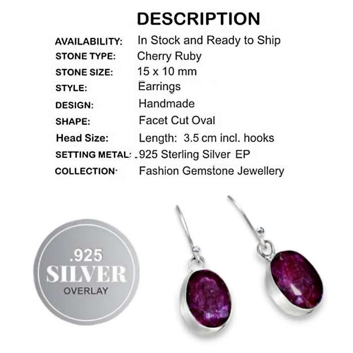 Handmade Indian Cherry Ruby Oval Set in .925 Sterling Silver Plated Dainty Earrings
