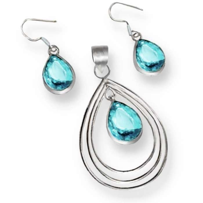 Modern Swiss Blue Topaz Gemstone set in .925  Sterling Silver Plated Pendant and Earrings Set