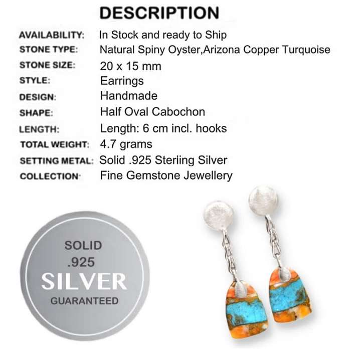4.7 Grams Natural Spiny Oyster Arizona Turquoise Gemstone set in Solid .925 Sterling Silver Earrings