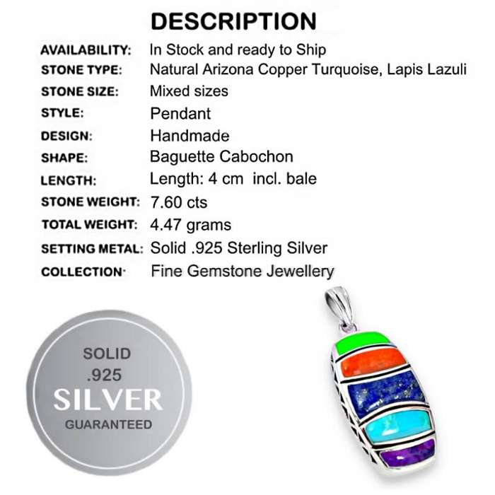 7.60 cts South Western Arizona Multi Copper Turquoise, Lapis Laz Solid .925 Sterling Silver  Pendant