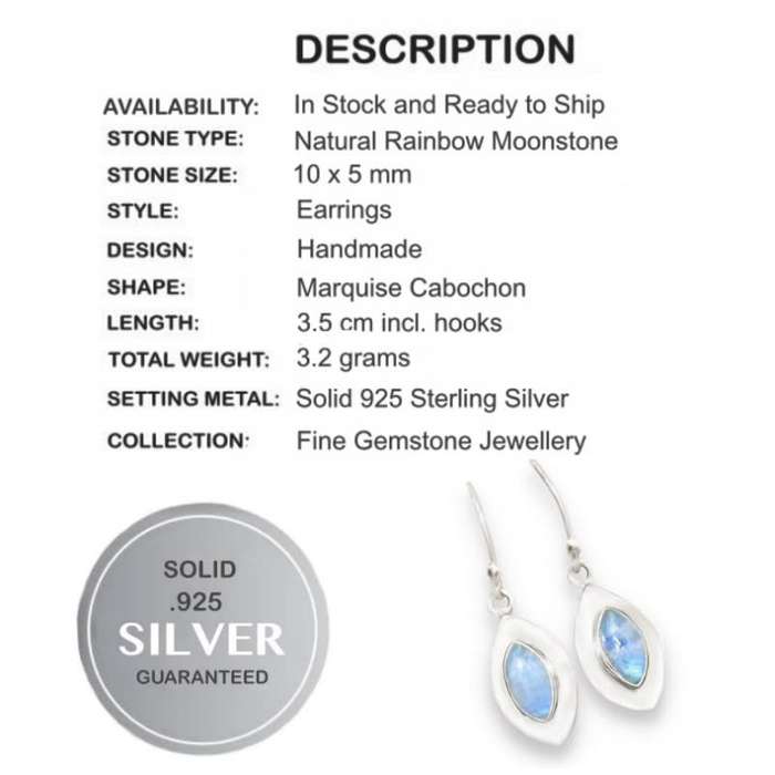 Natural Rainbow Moonstone Marquise Shape Gemstone set in Solid .925 Sterling Silver Dainty Earrings
