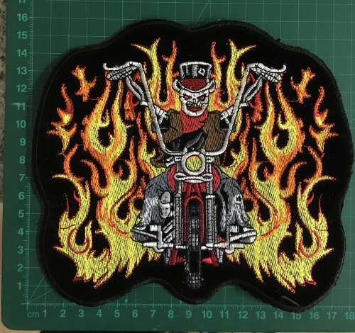 BDG894 Bike in flames badge patch 16cm x 18cm