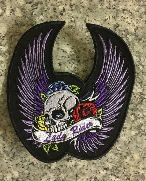 BDG1120  LARGE Skull with flowers and wings Lady Rider patch badge 15CM X 14CM