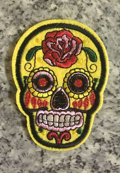BDG Sugar Skull day of dead patch yellow with red rose 7.5cm x 5.5cm