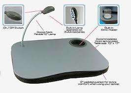 PORTABLE LAPTOP CUSHION WITH GOOSE NECK LAMP AND DRINK HOLDER